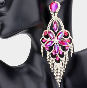 Marquise Stone Flower Accented Chandelier Evening Earrings